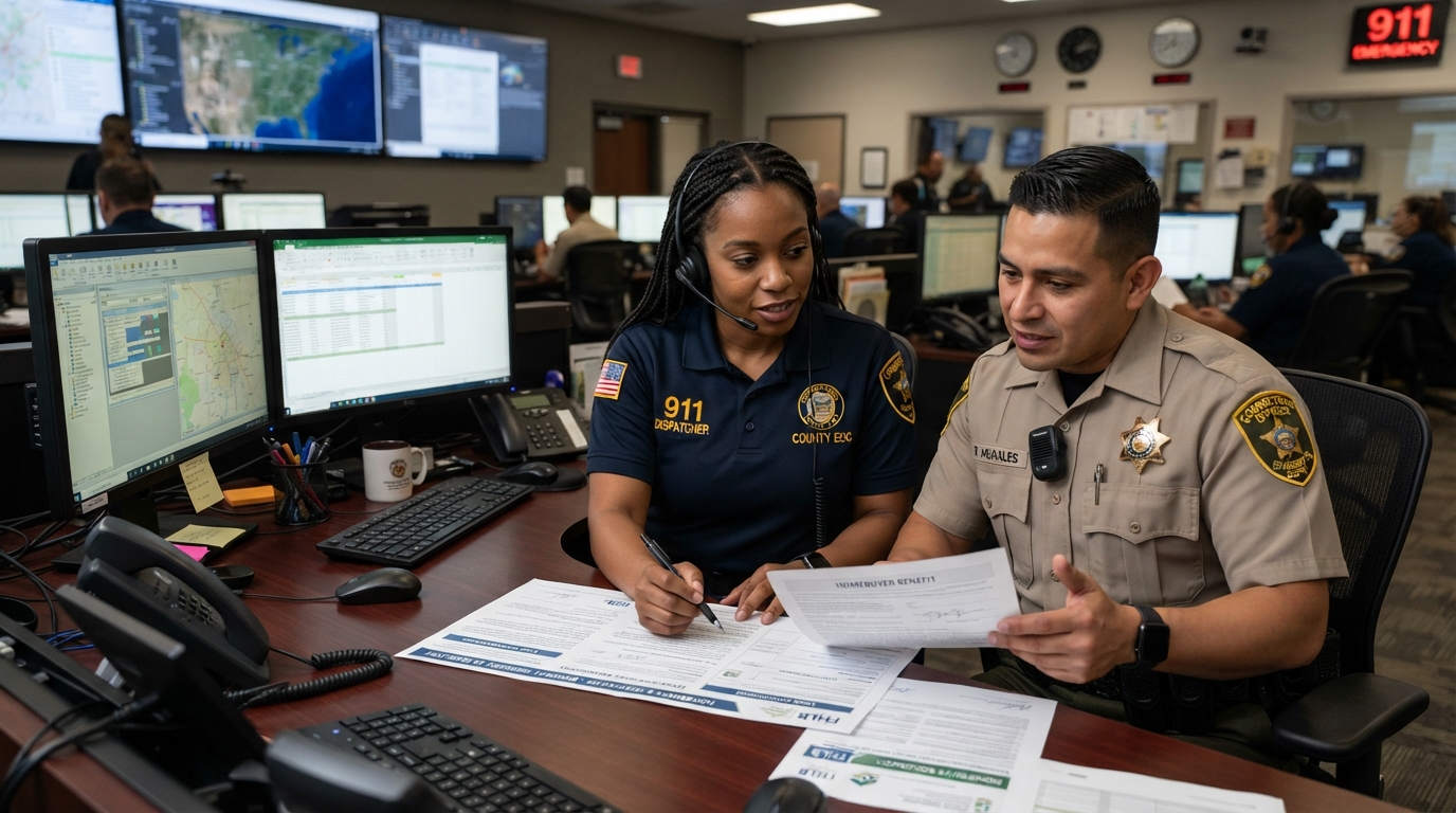 A diverse 911 dispatcher with headset and corrections officer in uniform reviewing homebuyer benefit documents at a control center