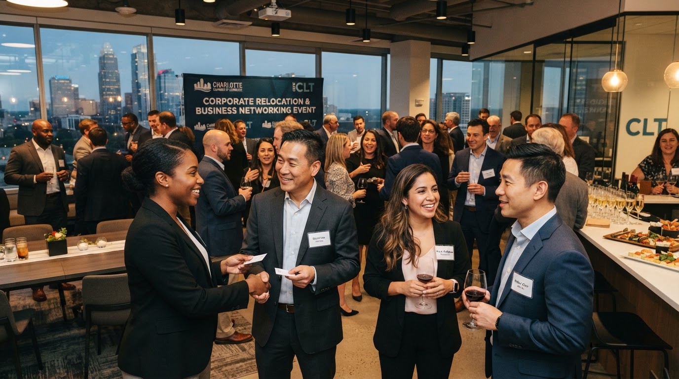 A diverse group of professionals networking at a Charlotte Chamber of Commerce corporate relocation event