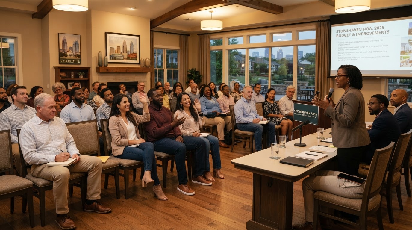 A diverse group of homeowners at an HOA community meeting in a Charlotte neighborhood clubhouse