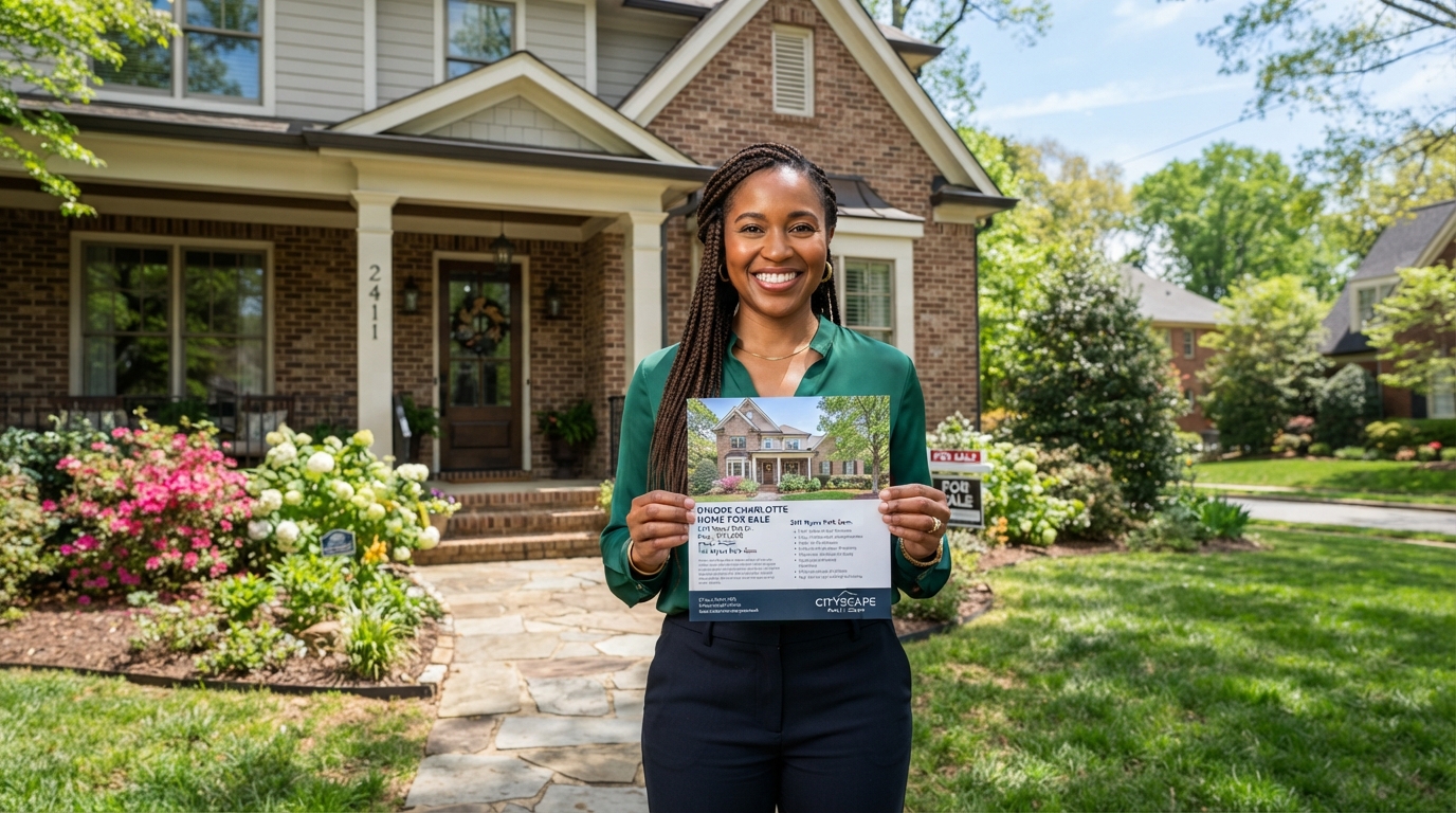 A diverse woman homeowner smiling confidently holding a marketing brochure with a unique home listing, standing in front of her Charlotte home