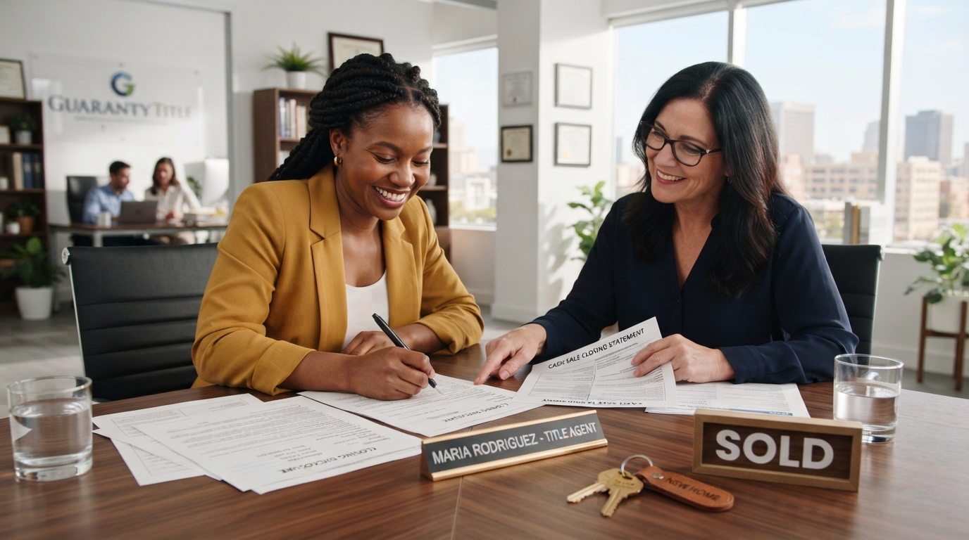 A diverse homeowner reviewing cash offer closing documents with a title agent at a closing table, keys and a sold sign visible