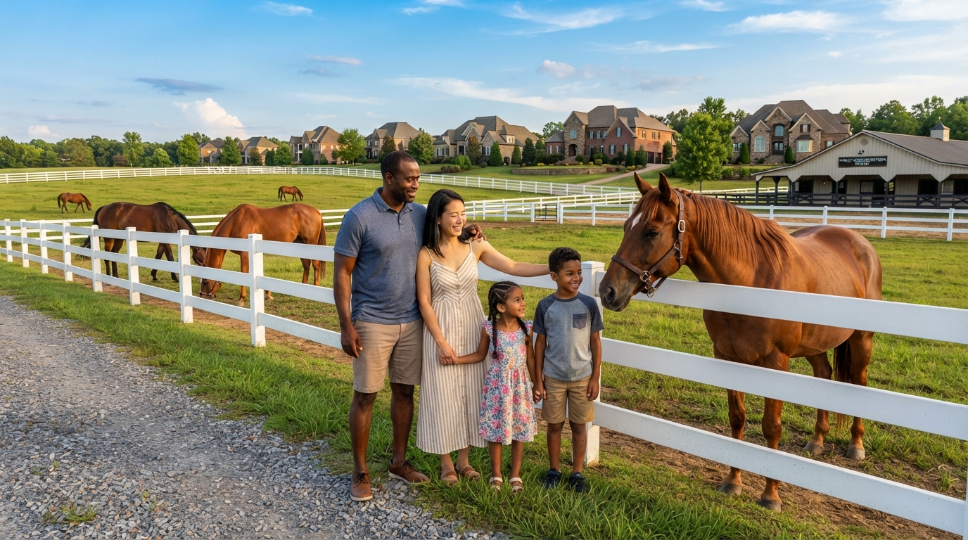 A diverse family at a Wesley Chapel NC equestrian farm community, parents and children near horses and a pasture with upscale suburban homes in the background