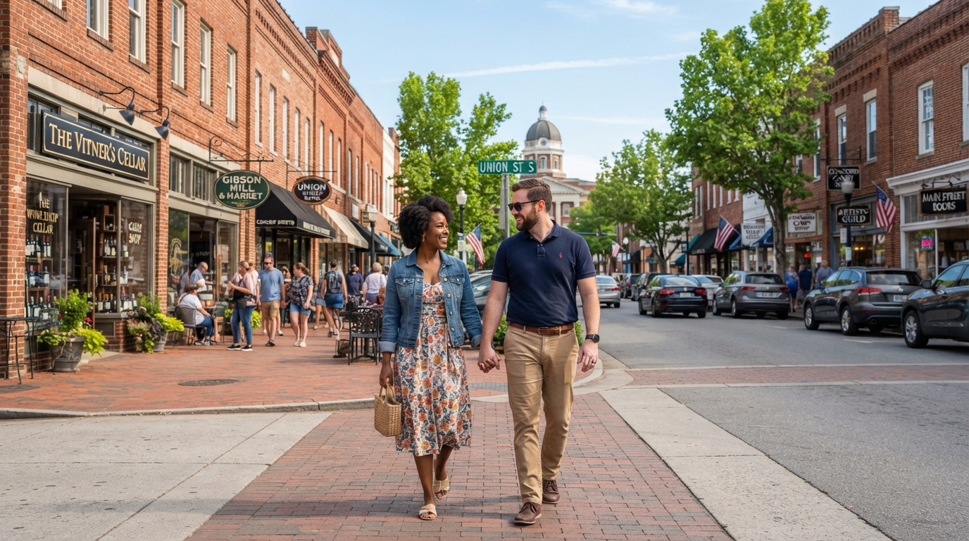 A diverse couple strolling through the historic downtown Concord NC main street with brick storefronts and small shops