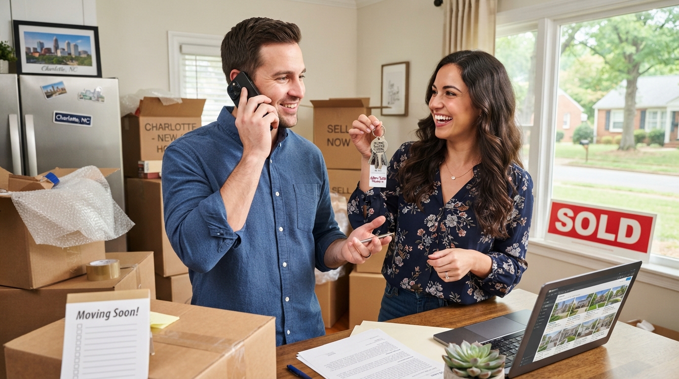 A woman holding keys to her new home while her husband talks on the phone with a real estate agent about selling their current house
