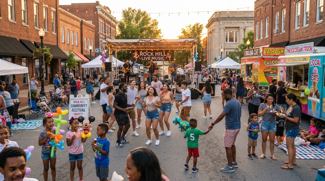 A diverse group of young adults and families enjoying a community festival in downtown Rock Hill South Carolina with live music, food trucks, and children with balloons