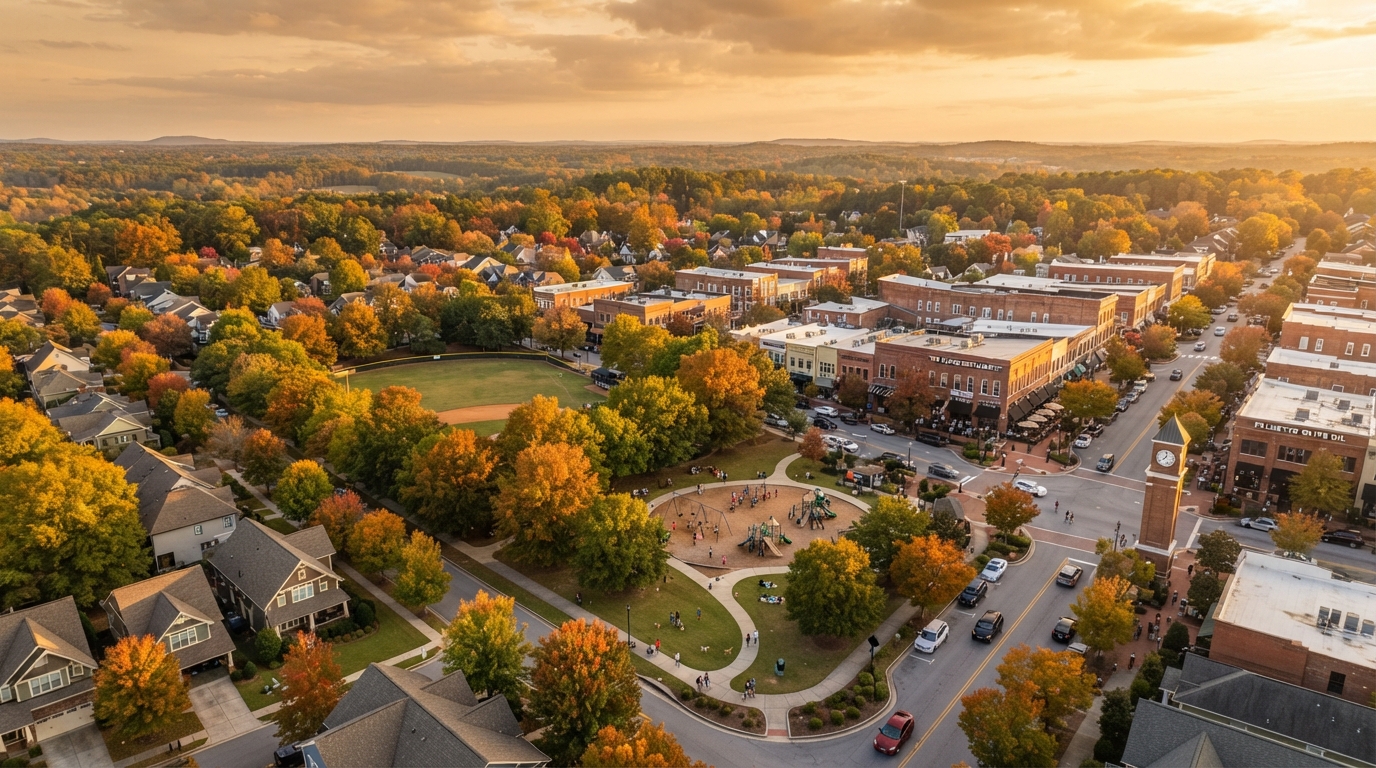 Aerial view of Simpsonville South Carolina at golden hour with families walking dogs, children playing, and vibrant Main Street shops