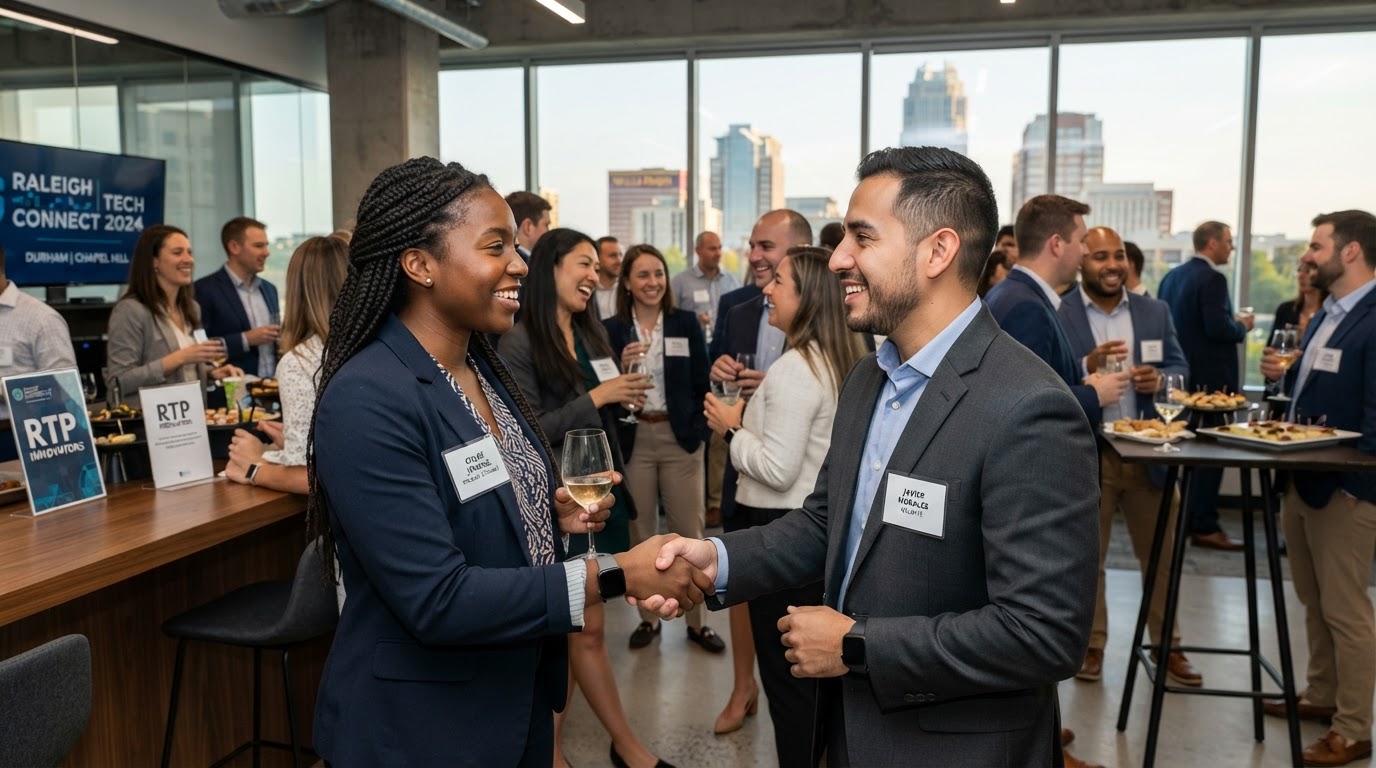 A diverse group of professionals networking at a business event in Raleigh NC