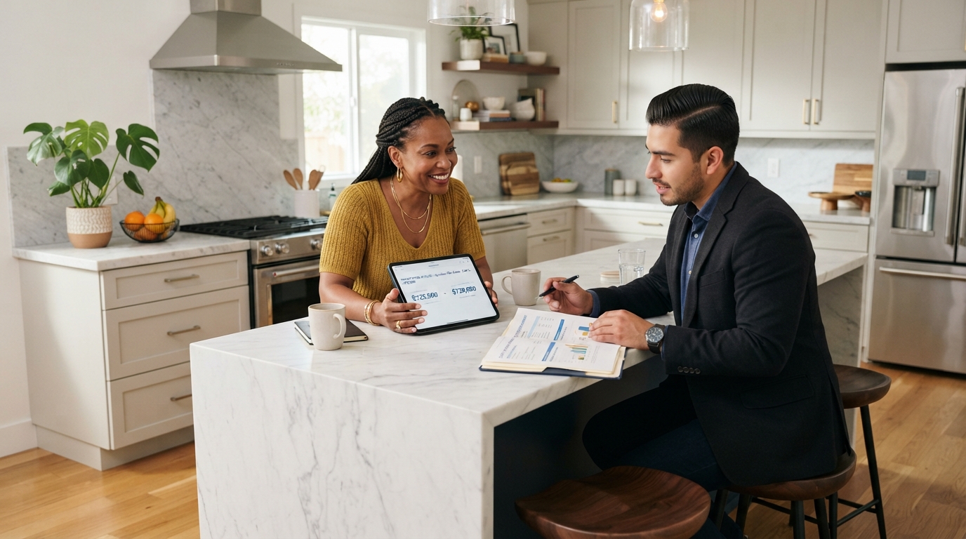 A diverse homeowner comparing an iBuyer instant offer on a tablet with a real estate agent reviewing Cash+ program documents in a modern kitchen