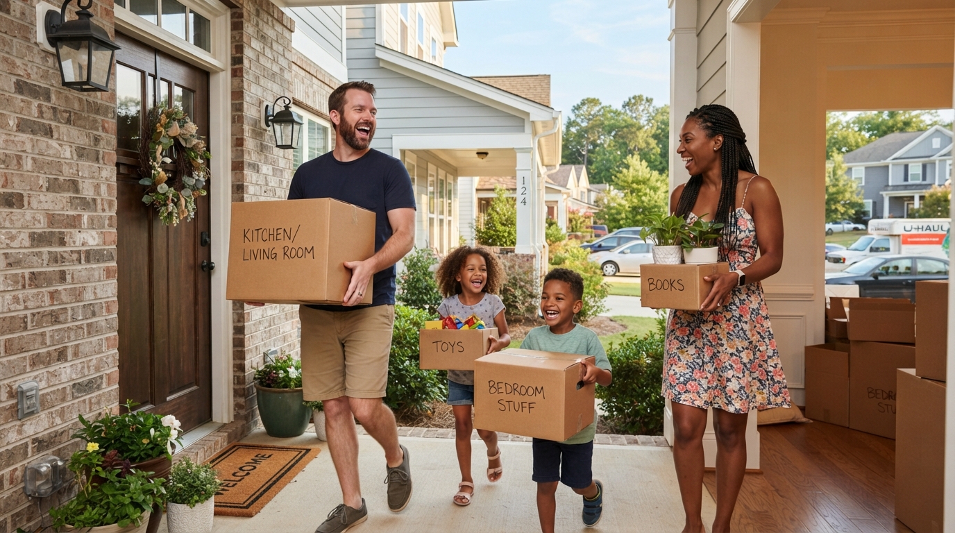 A diverse family moving into a new home in Columbia SC, carrying boxes through the front door