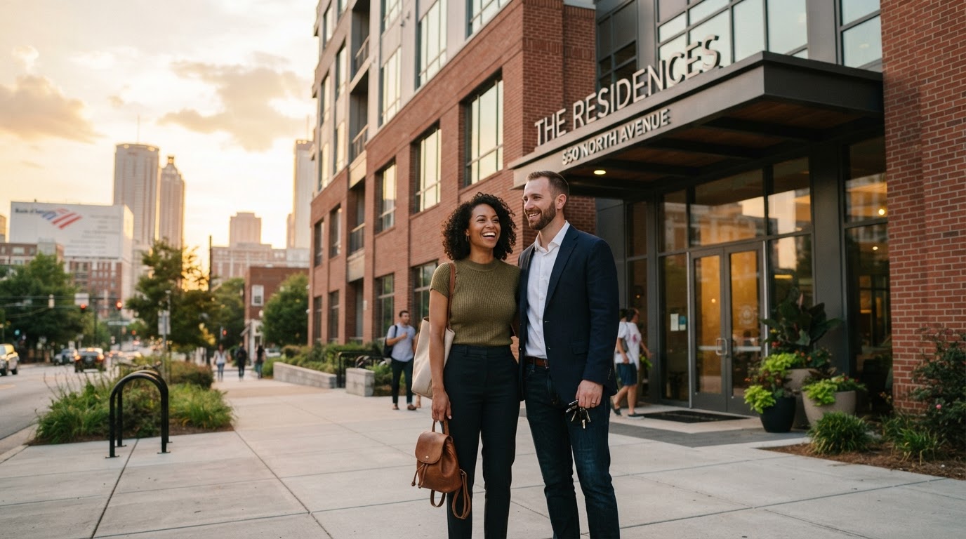 A diverse young professional couple standing outside an Atlanta apartment building