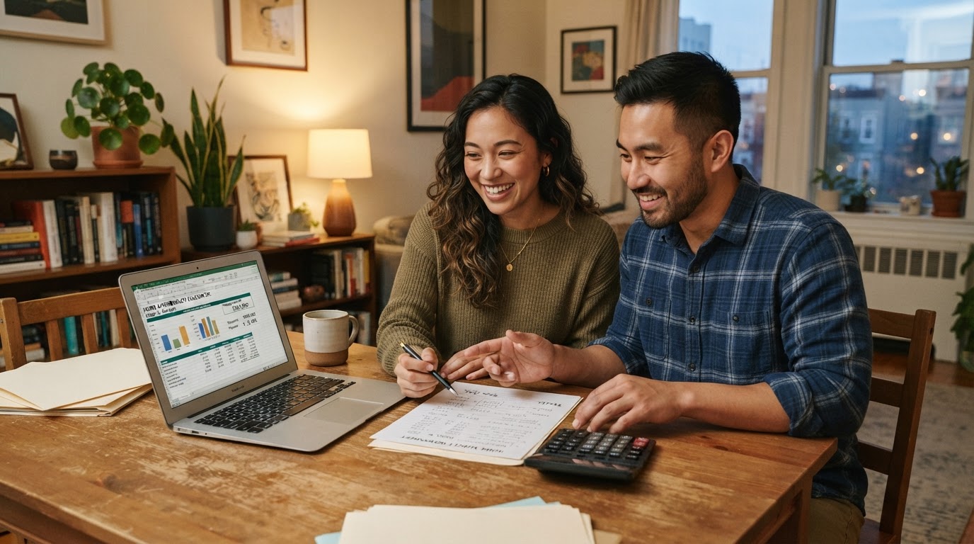 A diverse young couple sitting at a table with a laptop and budget worksheet calculating how much house they can afford