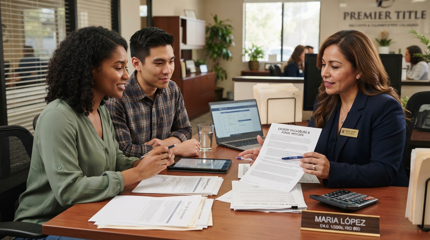 A diverse homebuyer learning what escrow means from a title company representative at a desk with documents