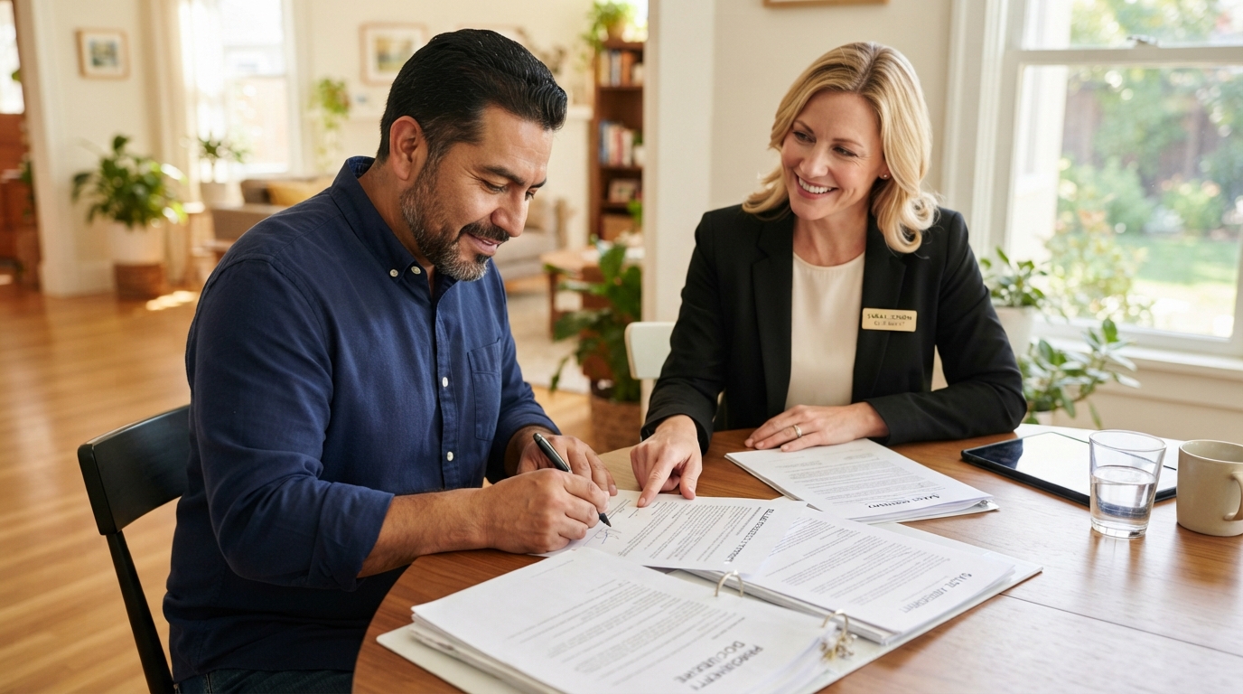 A diverse home seller signing seller disclosure documents with a real estate professional at a dining table
