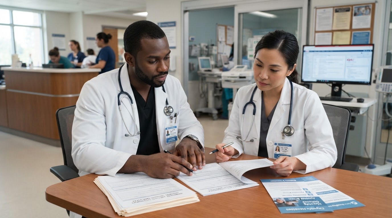 A diverse doctor and physician colleague reviewing homebuyer program documents at a hospital with a stethoscope visible