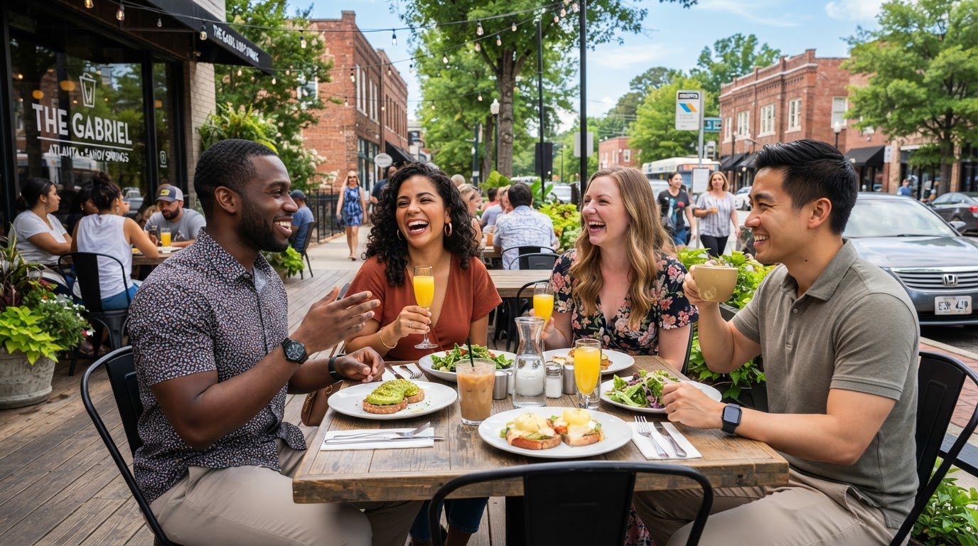 A diverse group of young professionals having brunch at an outdoor cafe in Sandy Springs GA