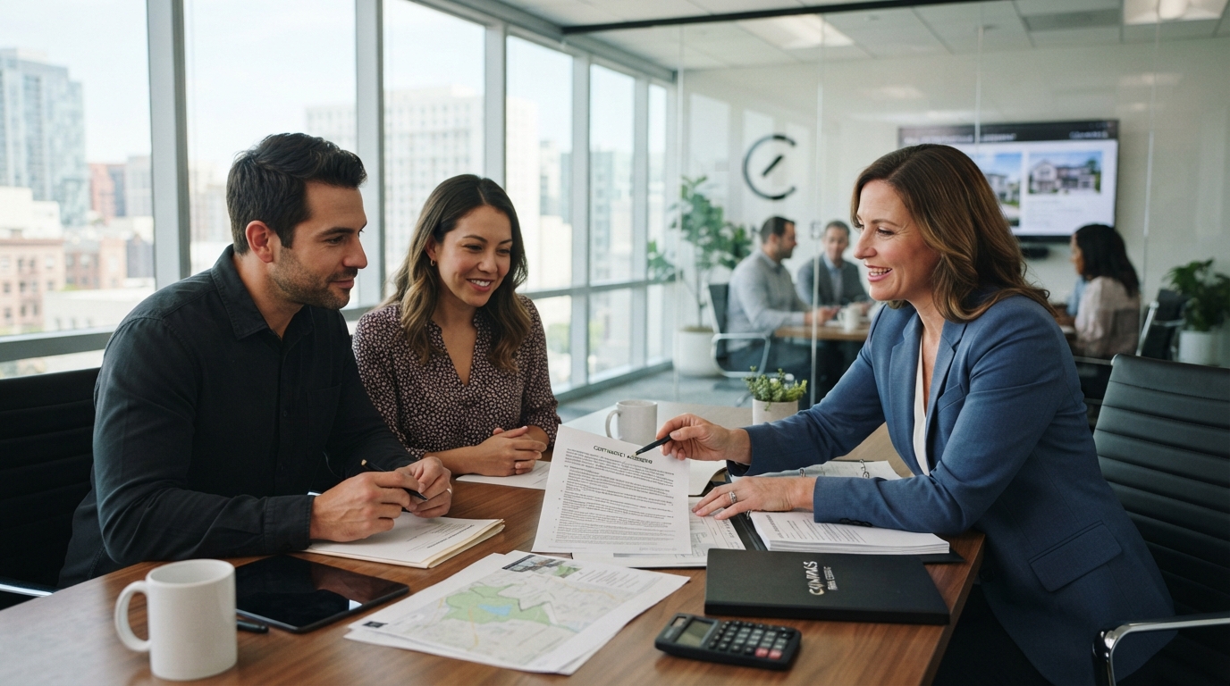 A diverse group of three people reviewing a real estate contract at a conference table with a real estate agent explaining contingency clauses