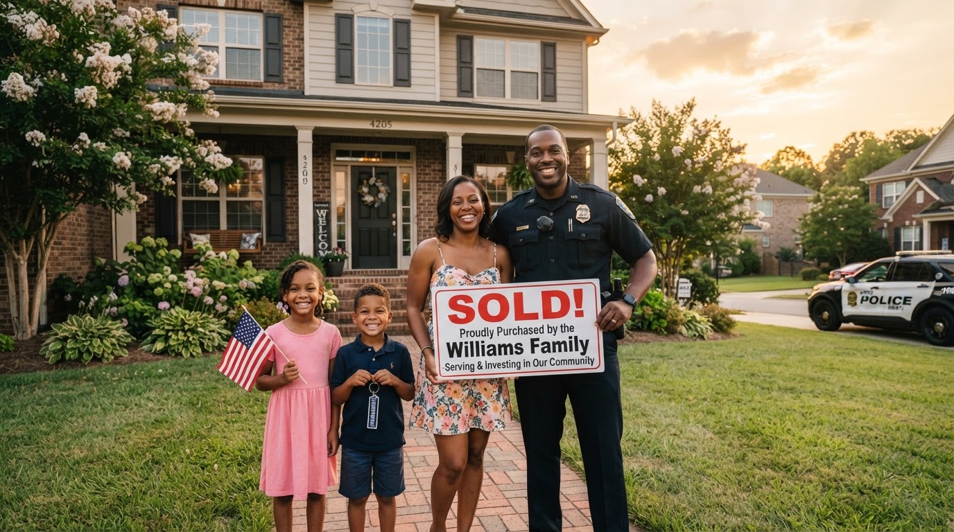 Police officer in front of a welcoming North Carolina home, representing law enforcement homebuyer benefits