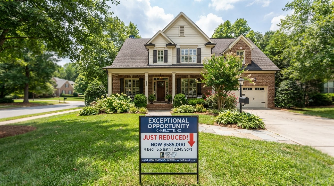 Charlotte NC home with Just Reduced price sign representing a real estate deal opportunity