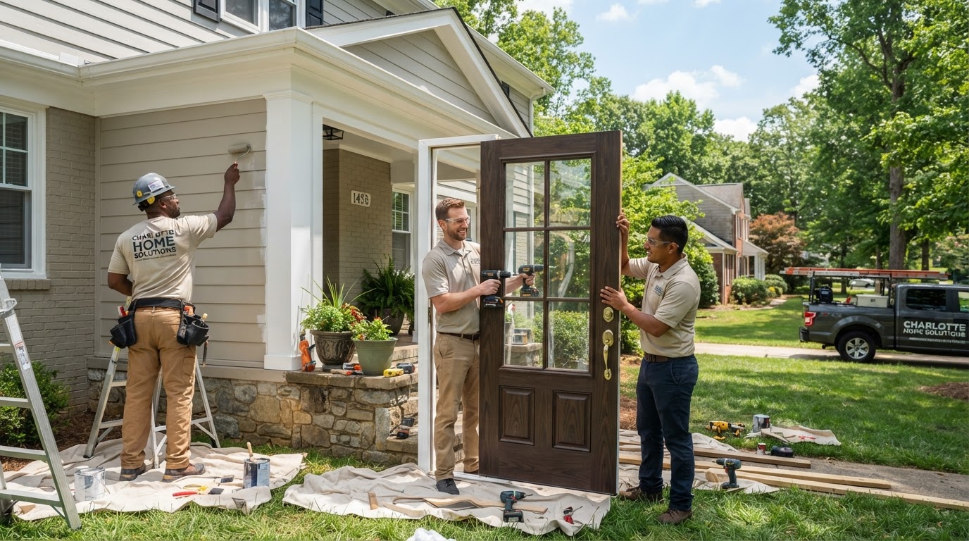 A diverse group of contractors working together on a home exterior improvement project in a Charlotte suburb