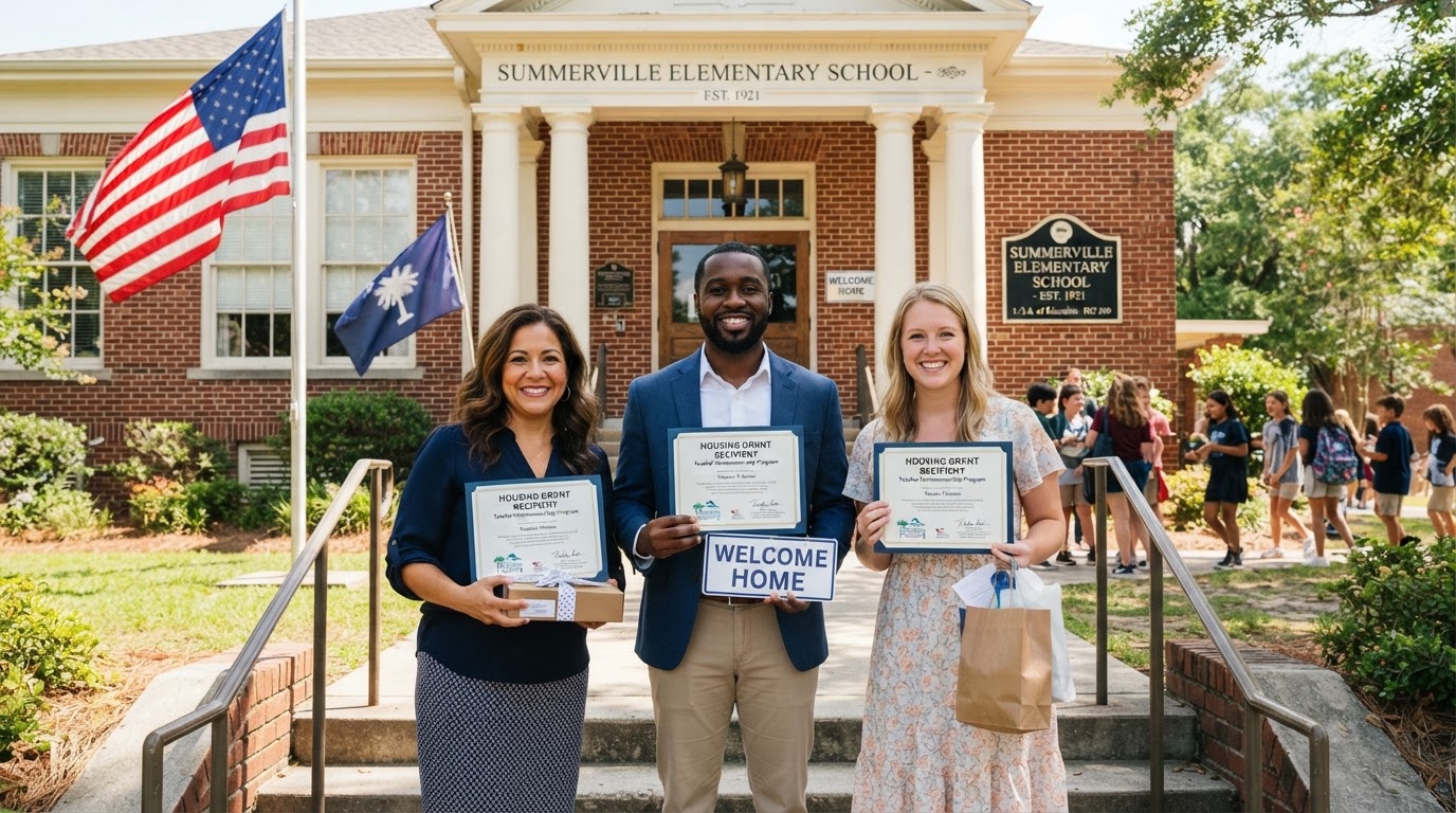 A diverse group of teachers — a white woman, Black man, and Hispanic woman — standing in front of a South Carolina school building holding certificates