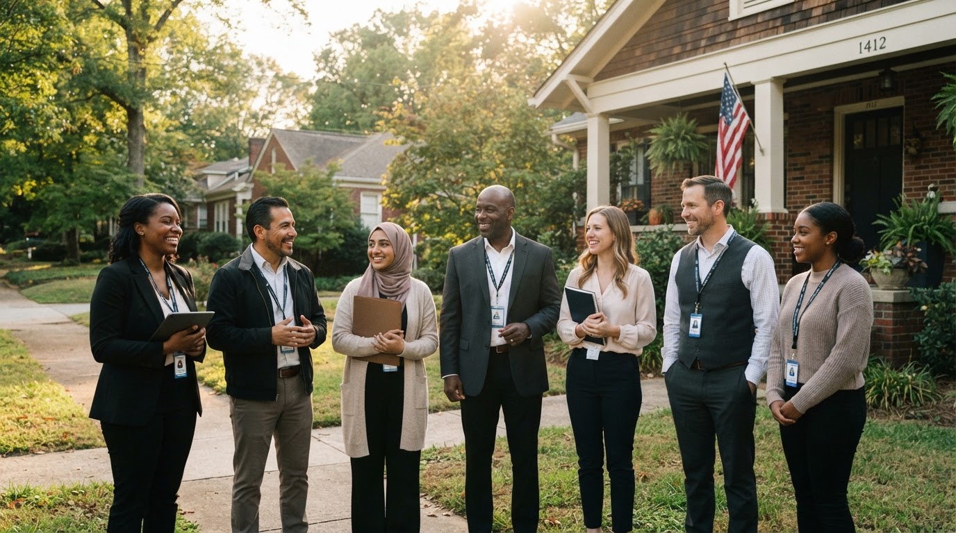 A diverse group of community workers and social workers standing outside a Charlotte NC home
