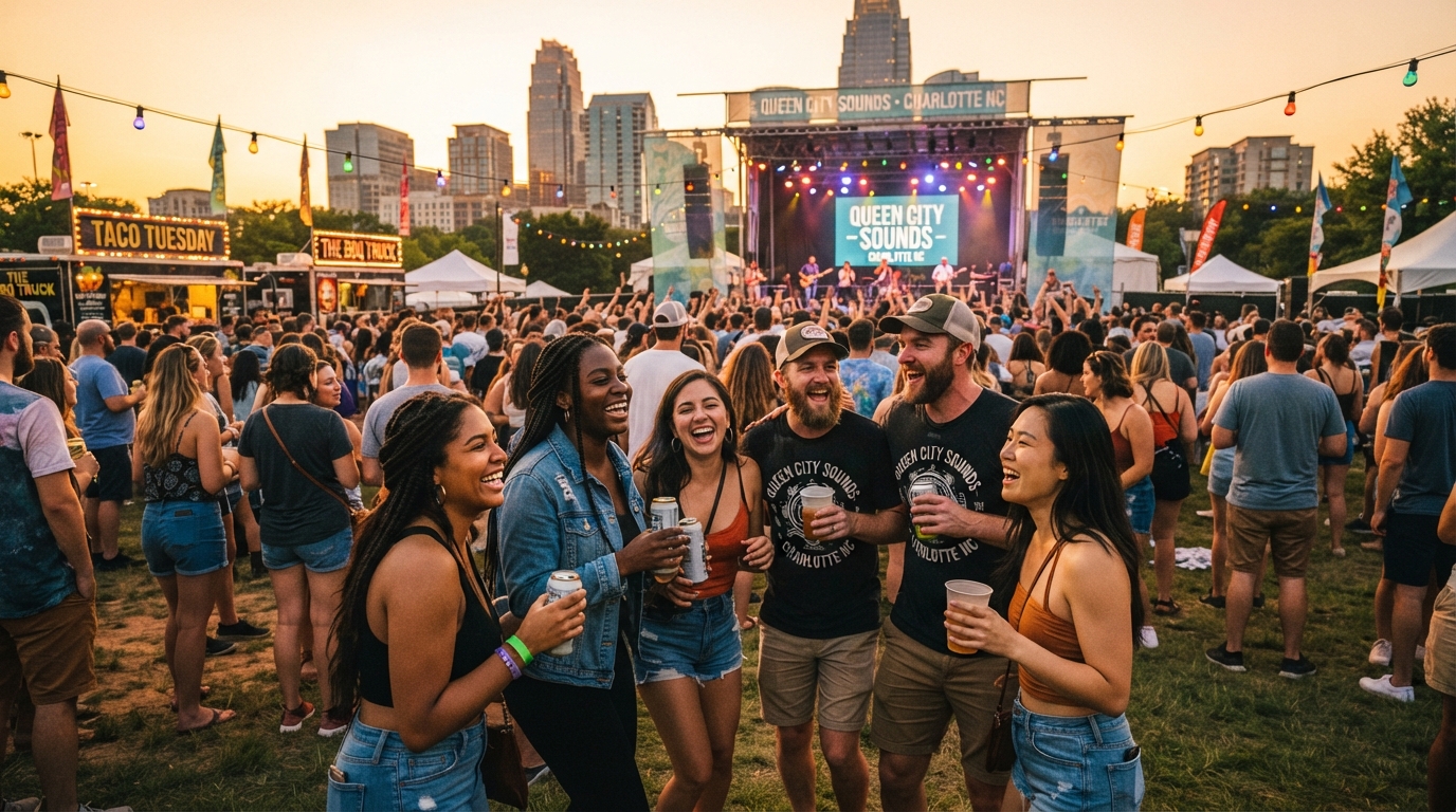 A diverse group of friends enjoying a summer outdoor concert festival in Charlotte NC with live music stage and food trucks