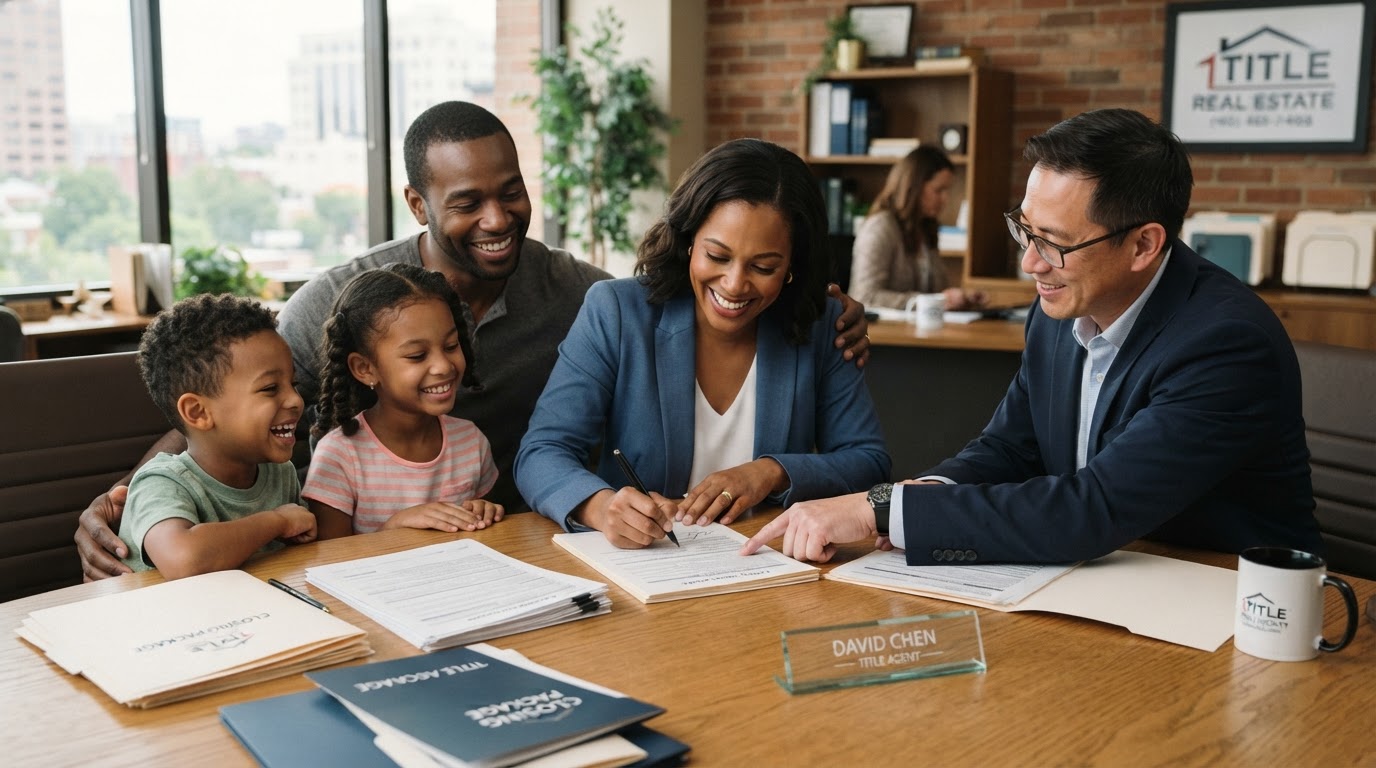 A diverse family at a closing table signing closing disclosure documents with a title agent