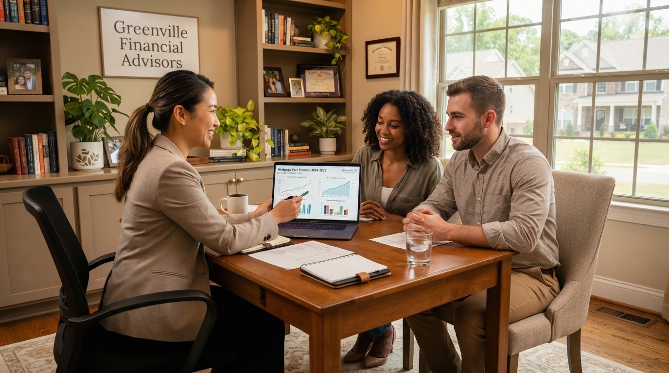 An Asian American financial advisor showing mortgage rate prediction charts on a laptop to a diverse young couple in a Greenville SC home office