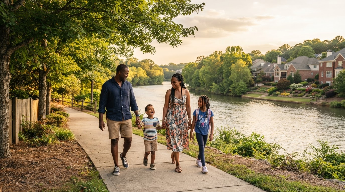 A diverse Black family — parents and two children — walking together along a suburban sidewalk in Steele Creek Charlotte NC with the Catawba River visible in the background