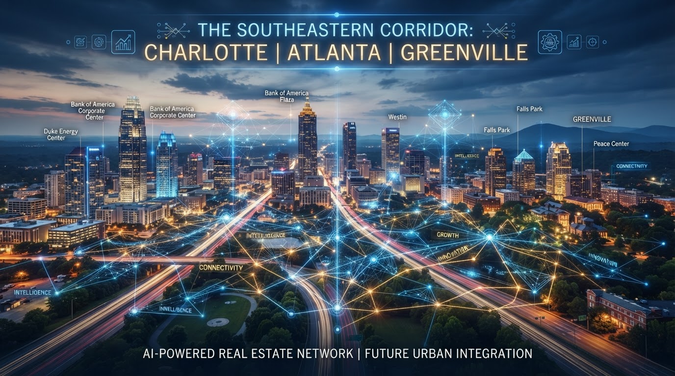 Futuristic real estate concept with Charlotte Atlanta Greenville skylines connected by AI network