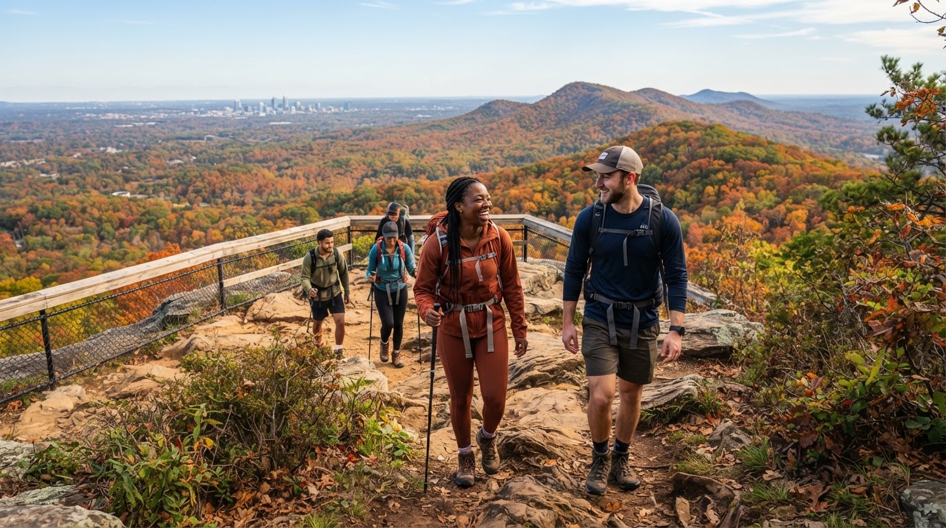 A diverse group of friends hiking at Crowders Mountain State Park near Charlotte NC, fall foliage