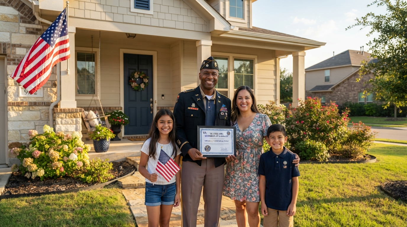 A diverse military veteran family standing in front of a new home holding a VA loan approval certificate with an American flag visible