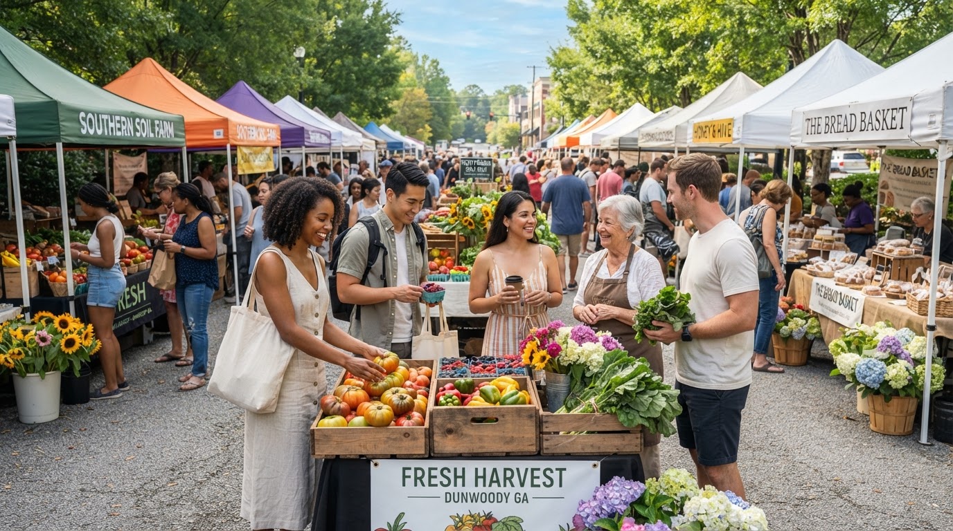 A diverse group of young professionals shopping at an outdoor farmers market in Dunwoody GA with fresh produce stalls and local vendors