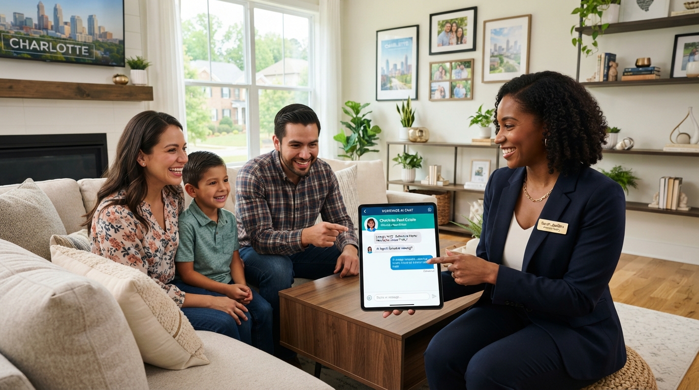 A Black woman real estate agent chatting with a Hispanic family through an AI chatbot interface on a tablet in a bright Charlotte living room
