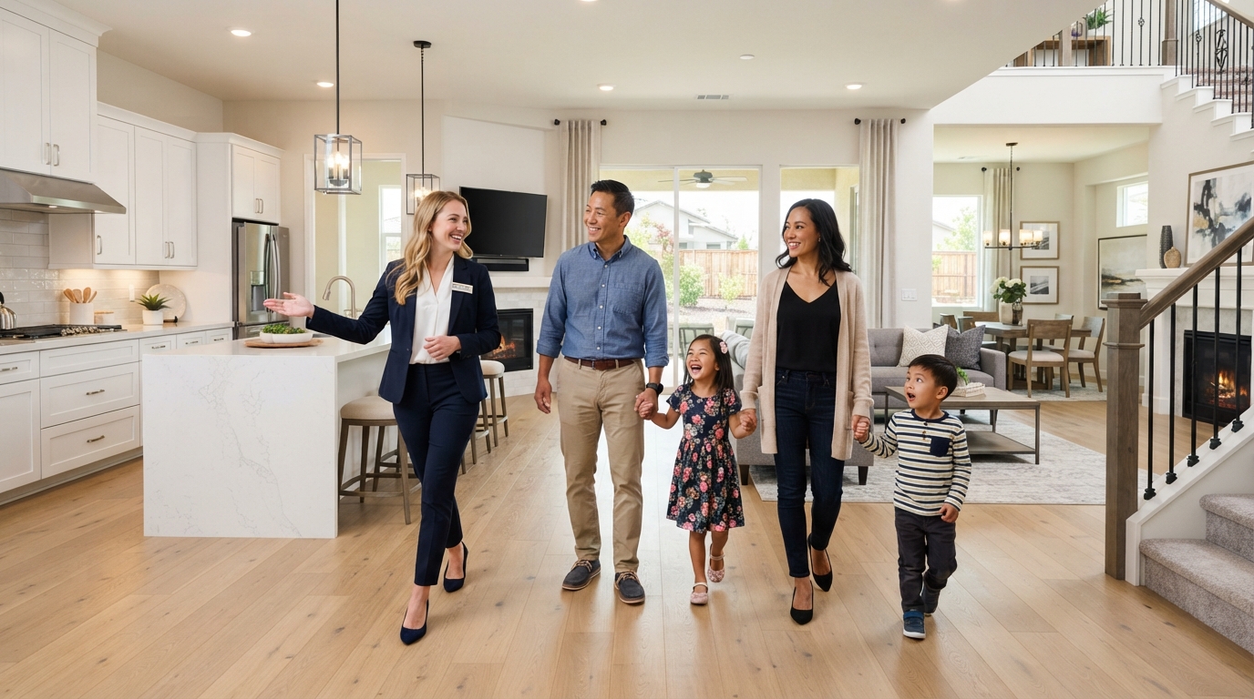 A diverse family walking through a new construction model home with a sales agent, open floor plan, bright natural light