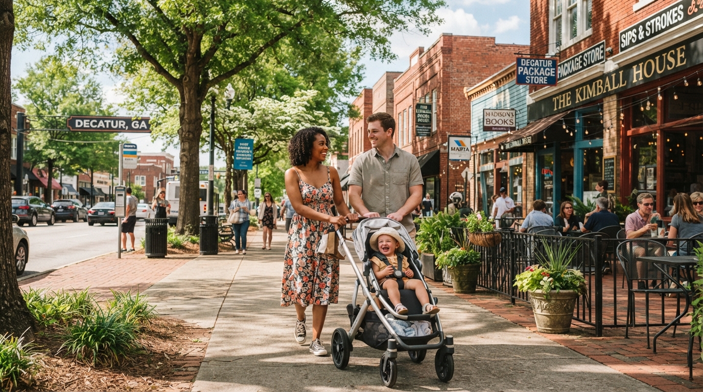 A diverse couple with a baby stroller walking through a vibrant intown Atlanta neighborhood in Decatur GA with tree-lined streets