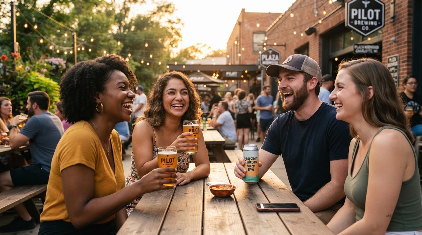 A diverse group of friends enjoying craft beer at a brewery patio in Plaza Midwood Charlotte NC