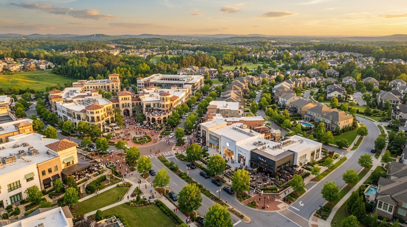 Aerial view of Alpharetta Georgia at golden hour showing Avalon mixed-use development with upscale shops and tree-lined boulevards