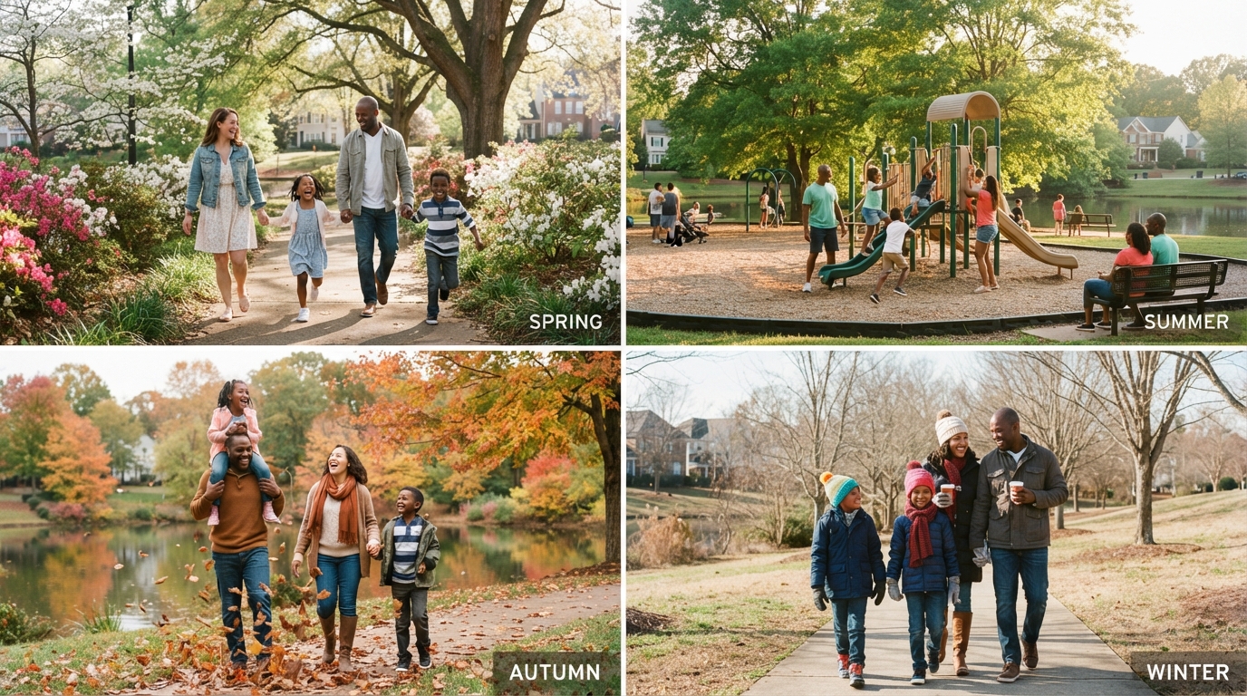 A diverse family enjoying outdoor activities in a Carolina neighborhood park