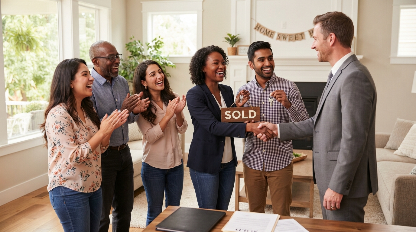 A diverse group of teachers celebrating at a home closing holding keys and a sold sign with a real estate agent shaking hands