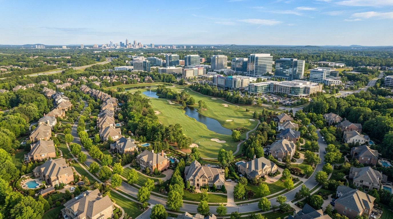 Aerial view of Ballantyne Charlotte NC master-planned community with luxury homes and tree-lined streets