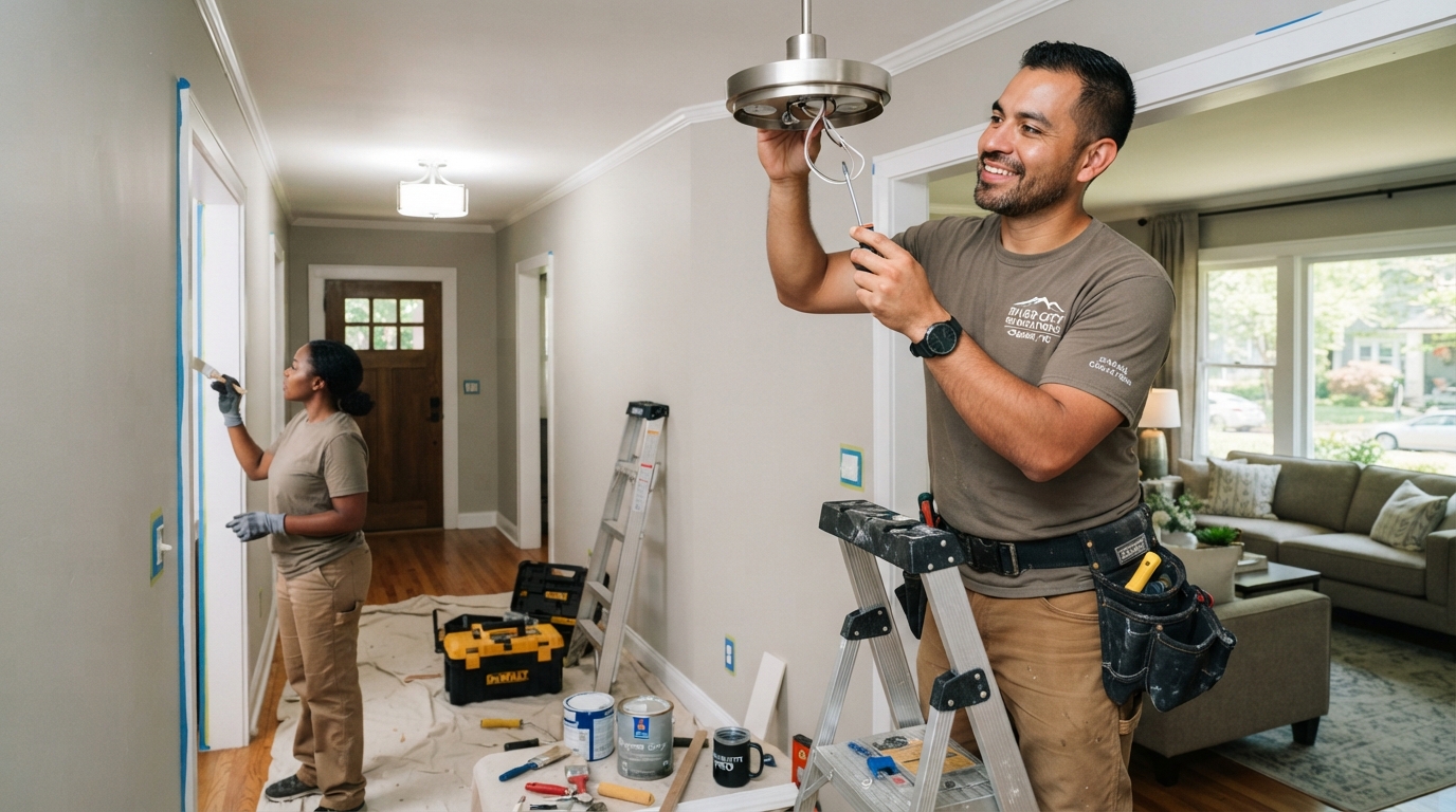 A diverse contractor making home repairs and improvements to a Charlotte home before listing - painting walls and fixing fixtures