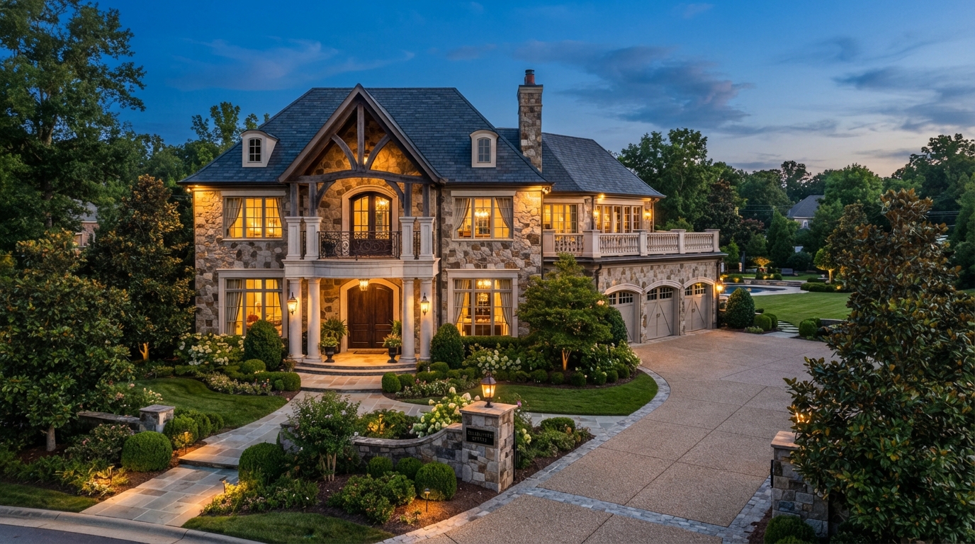 Luxury Charlotte NC estate home with elegant stone facade and grand entrance at twilight