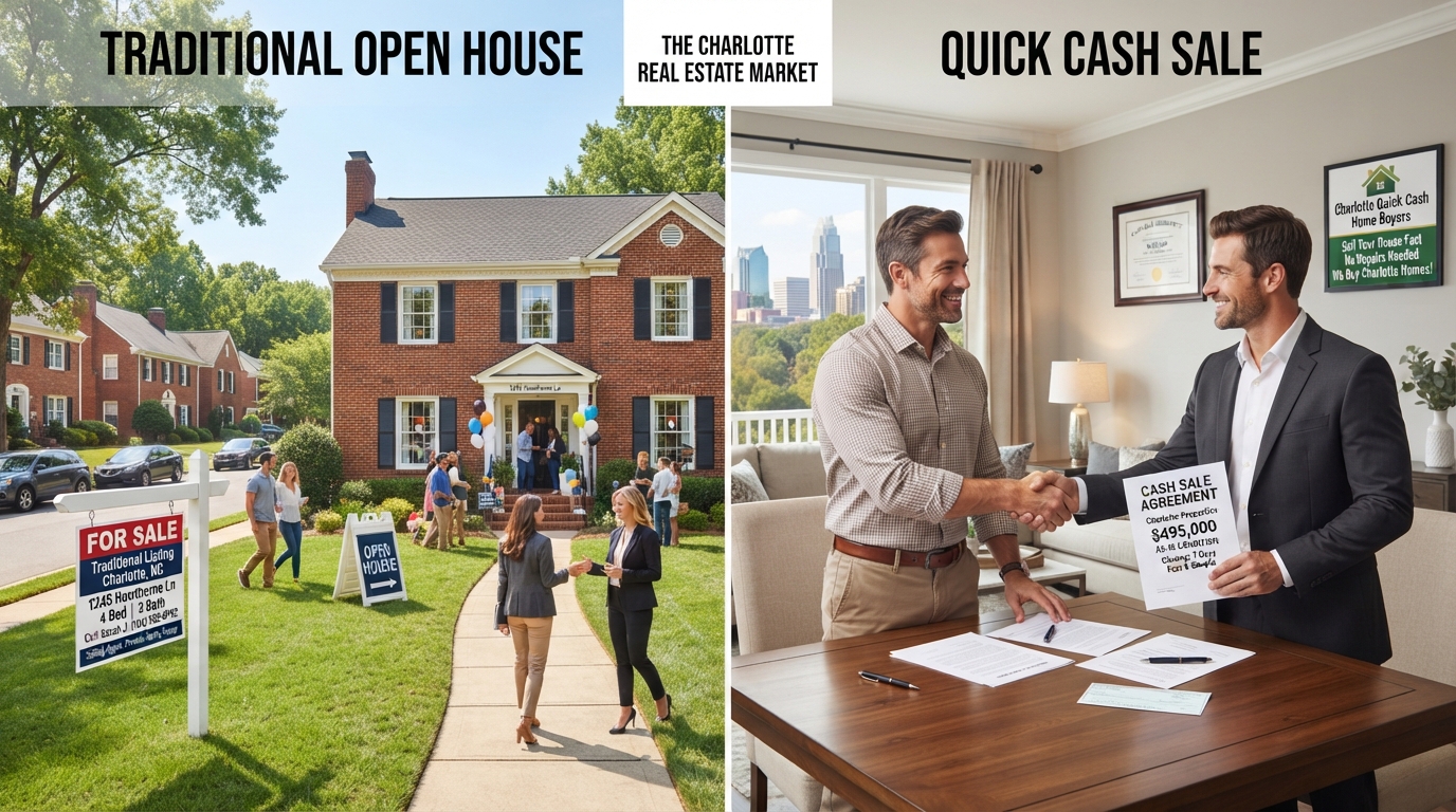 Split comparison showing a traditional open house versus a quick cash sale for a Charlotte NC home