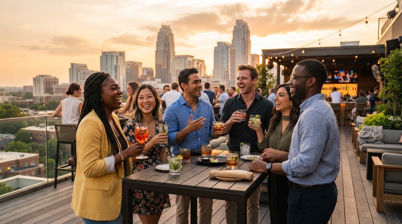 A diverse group of young professionals socializing at a rooftop bar in Charlotte NC with city skyline view at golden hour