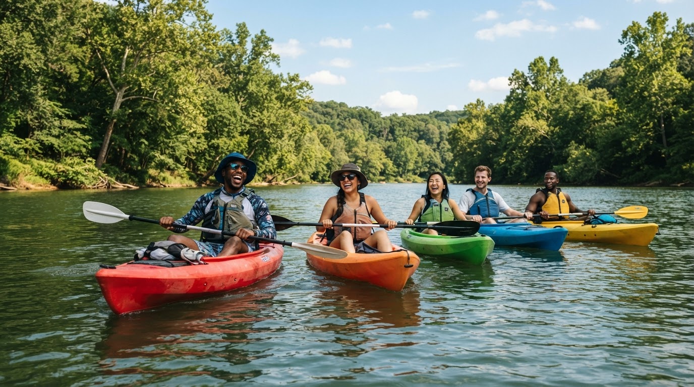A diverse group of friends — mixed race including a Black man and a Hispanic woman — enjoying a sunny day kayaking and paddling on the Catawba River near Charlotte NC with forested riverbanks in the background