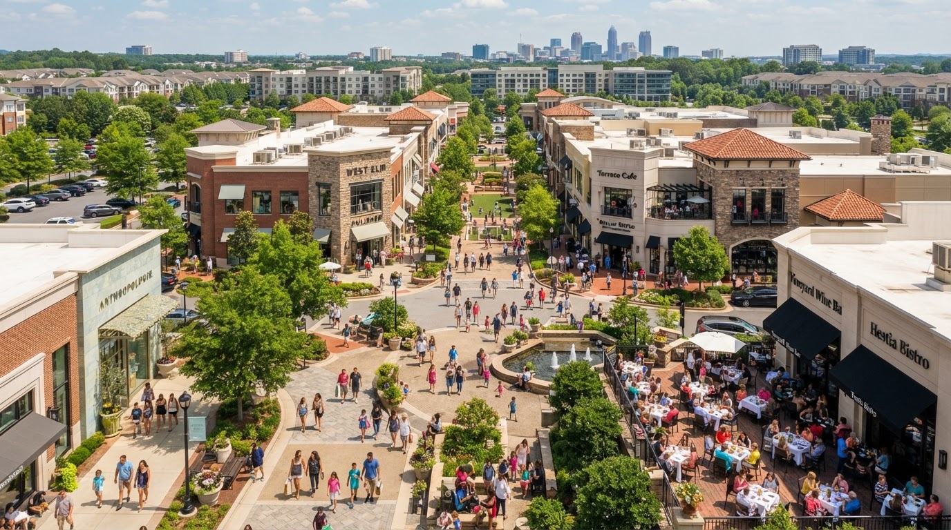Diverse group of families and friends enjoying a sunny afternoon at a luxury outdoor shopping and dining area in Ballantyne Charlotte NC