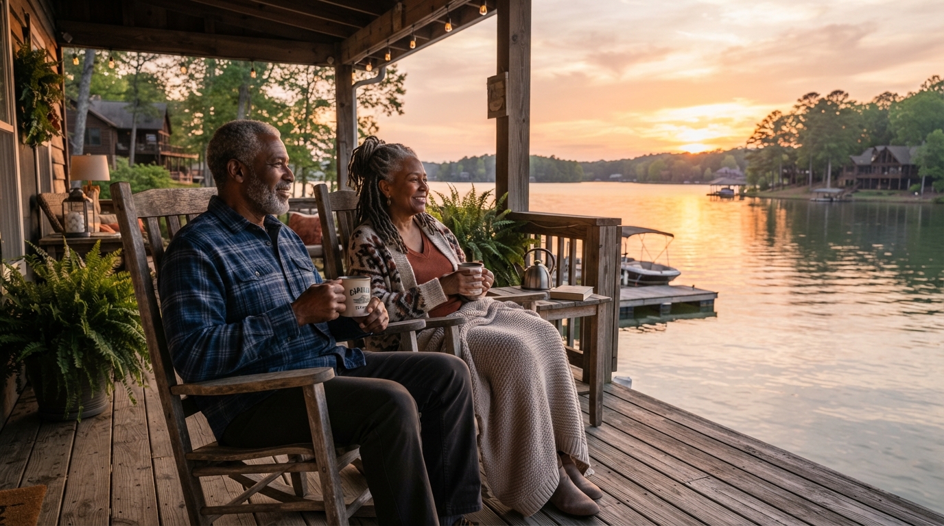 A senior Black couple sitting on the porch of a lakeside Carolina home at sunset, drinking coffee and looking out over the calm water