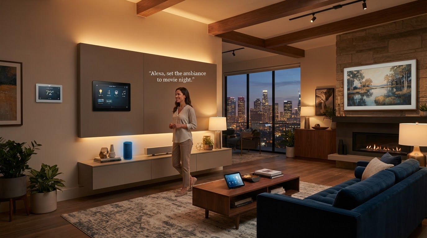 Luxury smart home interior with modern automation controls and integrated technology