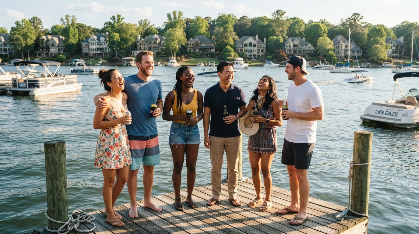 A diverse group of friends enjoying a sunny day on a Lake Norman NC waterfront dock with boats and lakefront homes visible in the background
